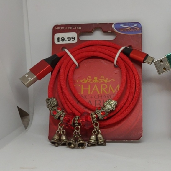🌷‼️5/$20 - 2 Solaray JEWELED Charm SYCN & CHARGE Cable microUSB USB Red /Green - Picture 3 of 3